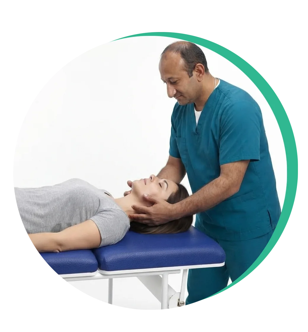 Fisioterapeuta realizando una técnica manual a un paciente en camilla: tratamiento facial y de ATM en Bogotá
